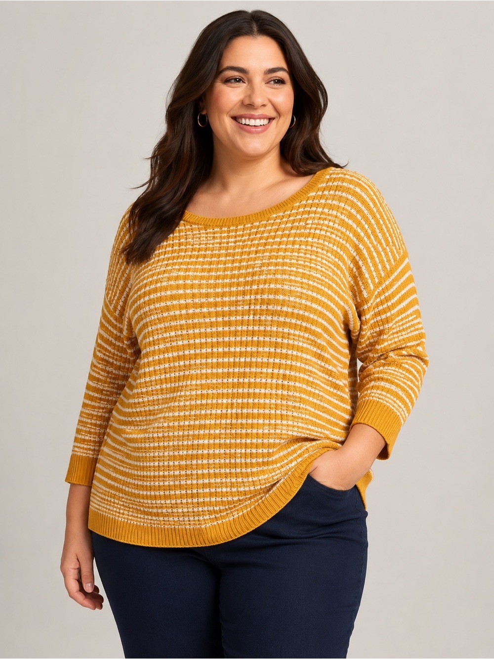 Talbots Yellow & White Striped Knit Sweater | Cotton Tencel Blend | Size XL